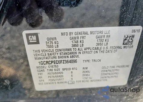 2015 Chevrolet Silverado C1500 z USA, uszkodzony, nr VIN 1GCRCPEC6FZ364096